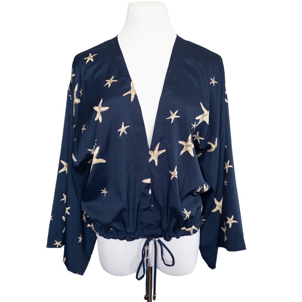 Ramona Larue By Arianne Starfish Satin Bell Sleeve Faux Wrap Tie Top Navy Medium